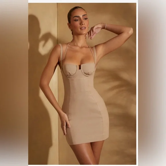 Tan Mini Dress Sleek Bodycon Design - Picture 3 of 5